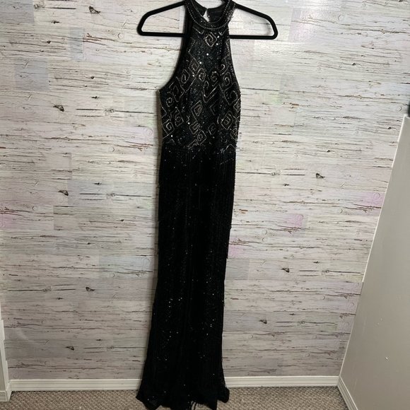 Fully beaded Evening gown black fringe NWT bridal size 12 - Picture 1 of 10